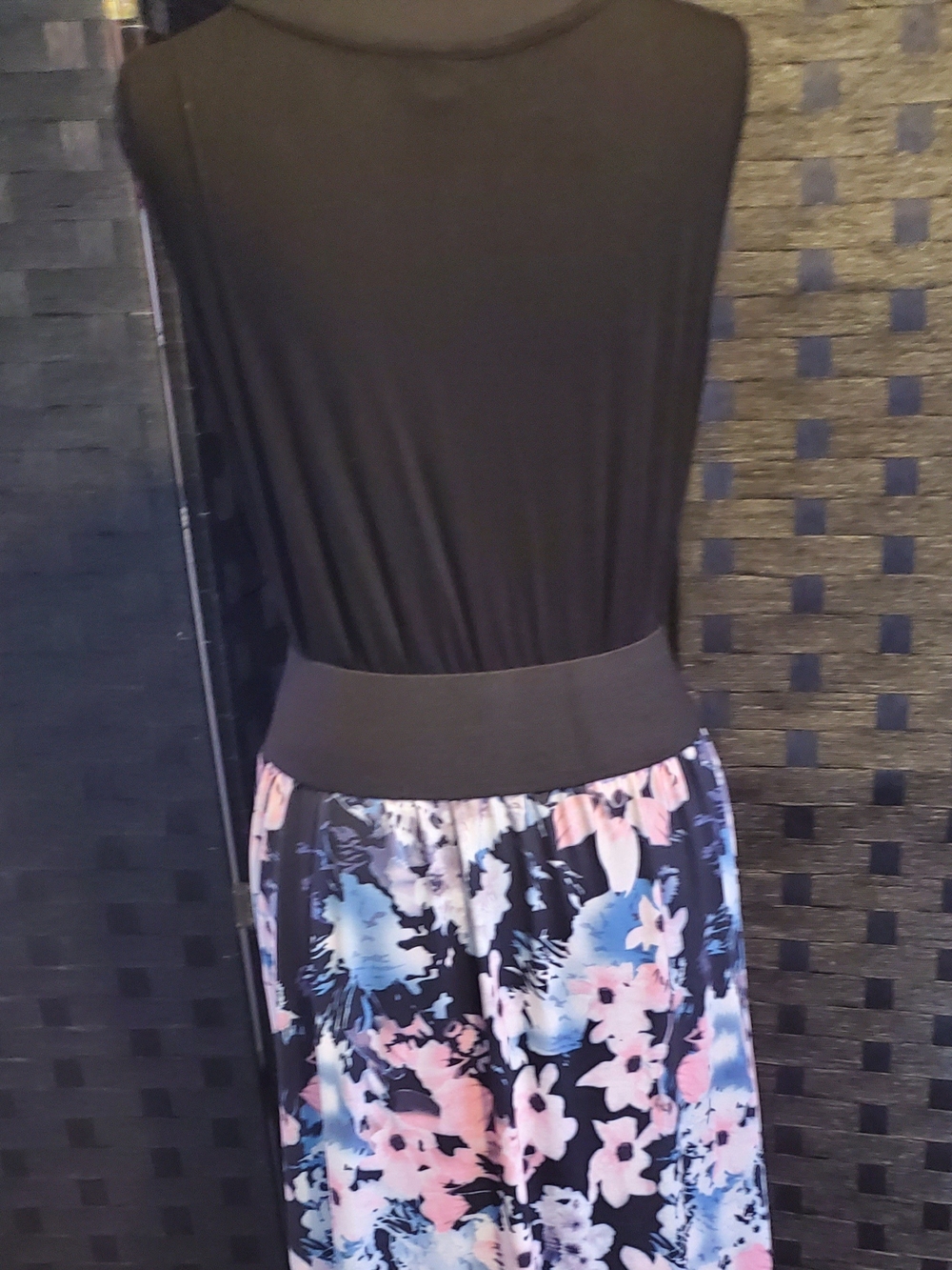 Black Floral Maxi Dress with Pink and Light Blue Blooms